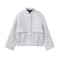 Light grey sequin tweed jacket with stand collar and large front flap pockets for women - XS / Silver