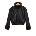 Women's black faux leather bomber jacket with brown faux fur collar and shoulder epaulettes - XS / Black
