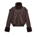 Women's dark brown faux leather bomber jacket with faux fur stand collar and epaulettes - XS / Coffee