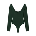 Slim fit forest green ribbed knit bodysuit for women with U-neck and long sleeves - S / Dark Green