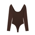 Slim fit chocolate brown long sleeve bodysuit with deep U-neckline in premium stretch fabric - S / Dark Brown