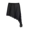 Elegant black asymmetric satin midi skirt with delicate eyelash lace trim for women - XS / Black