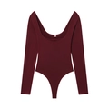 Slim fit burgundy long sleeve bodysuit with deep U-neckline and stretch knit fabric - S / Burgundy