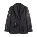 Detail of black pinstripe blazer featuring exquisite silver sequin floral embroidery - S / Tops