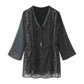 Tunica in chiffon grigio scuro con stampa paisley, maniche lunghe e nappine in vita - S / grigio scuro