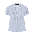 Camicia da donna a righe blu con scollo a V a balze e maniche a palloncino corte - XS / Blu