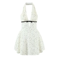 Sleeveless halter neck dress with black polka dots, deep V-neck and a waist bow decoration - S / White Polka Dot