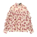 Dames blouse van chiffon met bloemenprint, ruches en hoge kraag in gebroken wit - XS / Gedrukt