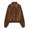 Chaqueta bomber vintage de ante sintético marrón para mujer con cuello clásico - XS / Marrón Oscuro
