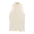 Top sin mangas de punto acanalado crema para mujer con cuello alto y bordes de encaje - S / Blanco Roto
