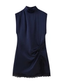 Abito smanicato in raso blu scuro con arricciatura laterale e bordo in pizzo nero - S / Blu scuro