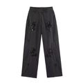 Detail of high waisted pinstripe trousers featuring black sequin floral embroidery - S / Pants