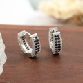 Silver hoop earrings featuring micro-bead metalwork and set with round black zircons - Black/Silver