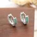 Silver hoop earrings with double row of green round stones and micro-bead details - Green/Silver