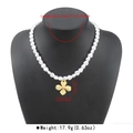 Detailed view of heart pearl necklace with gold cross pendant and size markings. - Heart Pearl Cross Style (N13516) / Gold