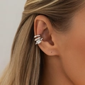 Minimalist silver multilayer hollow ear cuff with emerald cut clear crystal detail - Multi-Layer Hollow Zirconia Style (03960) / Silver