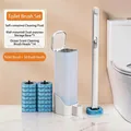 Disposable toilet brush set with white handle, wall-mount base and 14 ocean-scented blue refills - Luxury Toilet Brush Set + Ocean Scent Heads