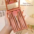 5-piece portable makeup brush set in dusty pink with mirror case detail - Sky Window Style / Bean Paste (With Window Mirror Case)