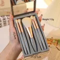 Blue 5pcs makeup brush set with mirror case, compact travel beauty tools 112g - Sky Window Style / Grey Blue (With Window Mirror Case)