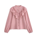 Camicia a righe rosa con balze decorative a strati e design con colletto alla coreana - XS / Rosa