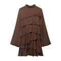 Deep brown long sleeve dress in silk-like fabric with tiered ruffles and flared sleeves - XS / Dark Brown