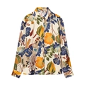 Women's casual floral print satin shirt with long sleeves and colorful botanical motifs - XS / Printed