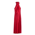 Elegant red satin halter dress with high slit and delicate lace trim detail - XS / Red
