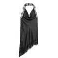 Elegant black satin halter dress with cowl neck and asymmetrical lace hem detail - XS / Black