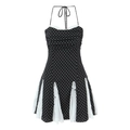 Robe d'été à pois avec licou, taille ajustée et bordure en dentelle blanche - S / Noir