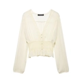 Chic cream long-sleeve chiffon blouse with V-neck lace trim and elastic smocked waist detail - XS / Off White