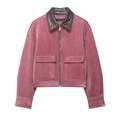 Dusty pink corduroy jacket with brown leather collar and dual utility pockets - XS / Dried Rose