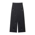 Elegant black high-waisted wide-leg trousers with white stripes and sequin butterfly motifs - S / Pants