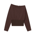 Sweat-shirt marron foncé à col bateau avec manches longues et ourlet à côtes - S / Brun Foncé