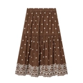 Falda midi marrón con bordado blanco y dobladillo festoneado de encaje calado fino - XS / Falda bordada