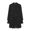 French style black polka dot long sleeve mini dress with ruffled collar and drawstring waist - XS / Black