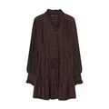 Slim fit dark brown long sleeve dress with ruffled stand collar and drawstring waist - XS / Burgundy