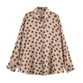 Women's light camel long sleeve satin polka dot shirt with a relaxed fit and lapel - XS / Khaki Polka Dot