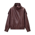 Women's deep burgundy faux leather jacket with stand collar and loose casual fit design - S / Burgundy