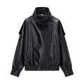 Women's black PU leather jacket with stand collar and button closure in loose casual style - S / Black