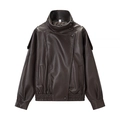 Women's dark brown faux leather jacket with stand collar and casual loose fit design - S / Brown