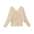 Eleganter beiger V-Ausschnitt Strickpullover mit Fledermausärmeln und gerippter Taille - S / Milchweiß