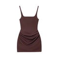 Dettaglio dell'abito corsetto marrone scuro senza maniche con scollo quadrato e ruches - S / caffè