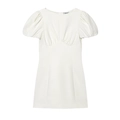Robe mini blanche élégante avec manches bouffantes, plis à la poitrine et coupe ajustée - XS / Blanc