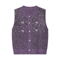 Damen Strickweste in Violett mit Perlen-Schleifen und glitzernden Pailletten-Details - S / Lila