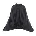 Elegante schwarz-weiß gepunktete Chiffonbluse mit Fledermausärmeln und Stehkragen-Design - XS / Tops