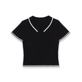Women's black cable knit short sleeve polo sweater with white contrast striped trim - S / Navy Blue