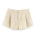 Women's beige satin-textured shorts with elegant white lace trim and pleated waist details - XS / Beige