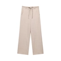Women's beige striped wide-leg trousers with a woven belt and lightweight draping fabric - XS / Pants