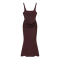 Elegant sleeveless dark brown maxi dress with square neck and ruched waist detail - XS / Brown