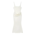 Elegant white sleeveless bodycon dress with square neck, ruched waist and fishtail hemline - XS / White